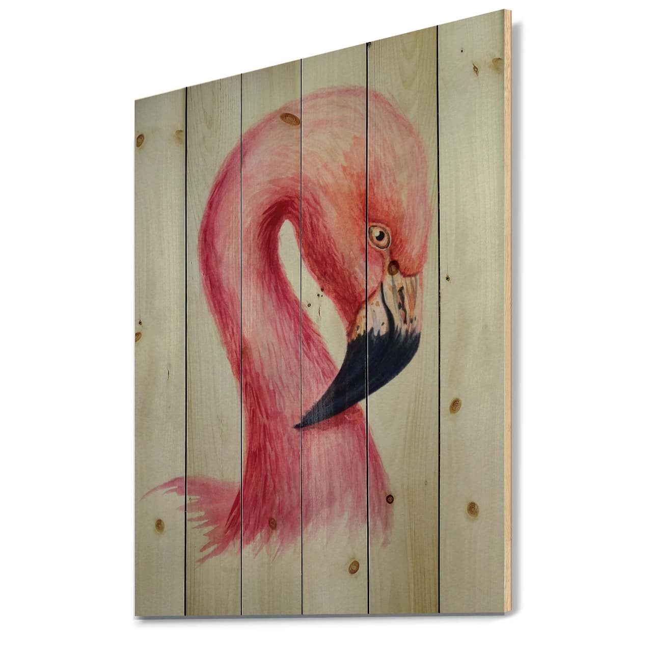 Designart - Portrait of Pink Flamingo IV - Farmhouse Print on Natural Pine Wood